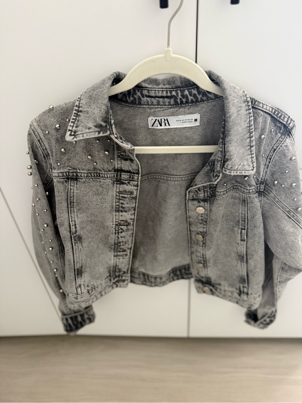 Zara Light Grey Washed Denim Jacket with Stud Details